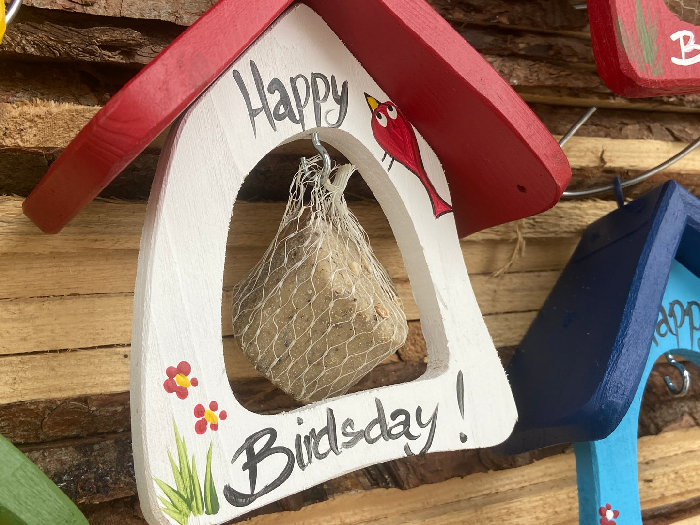 12er Set Futterschaukel Minibistro "Happy Birdsday" - hängend