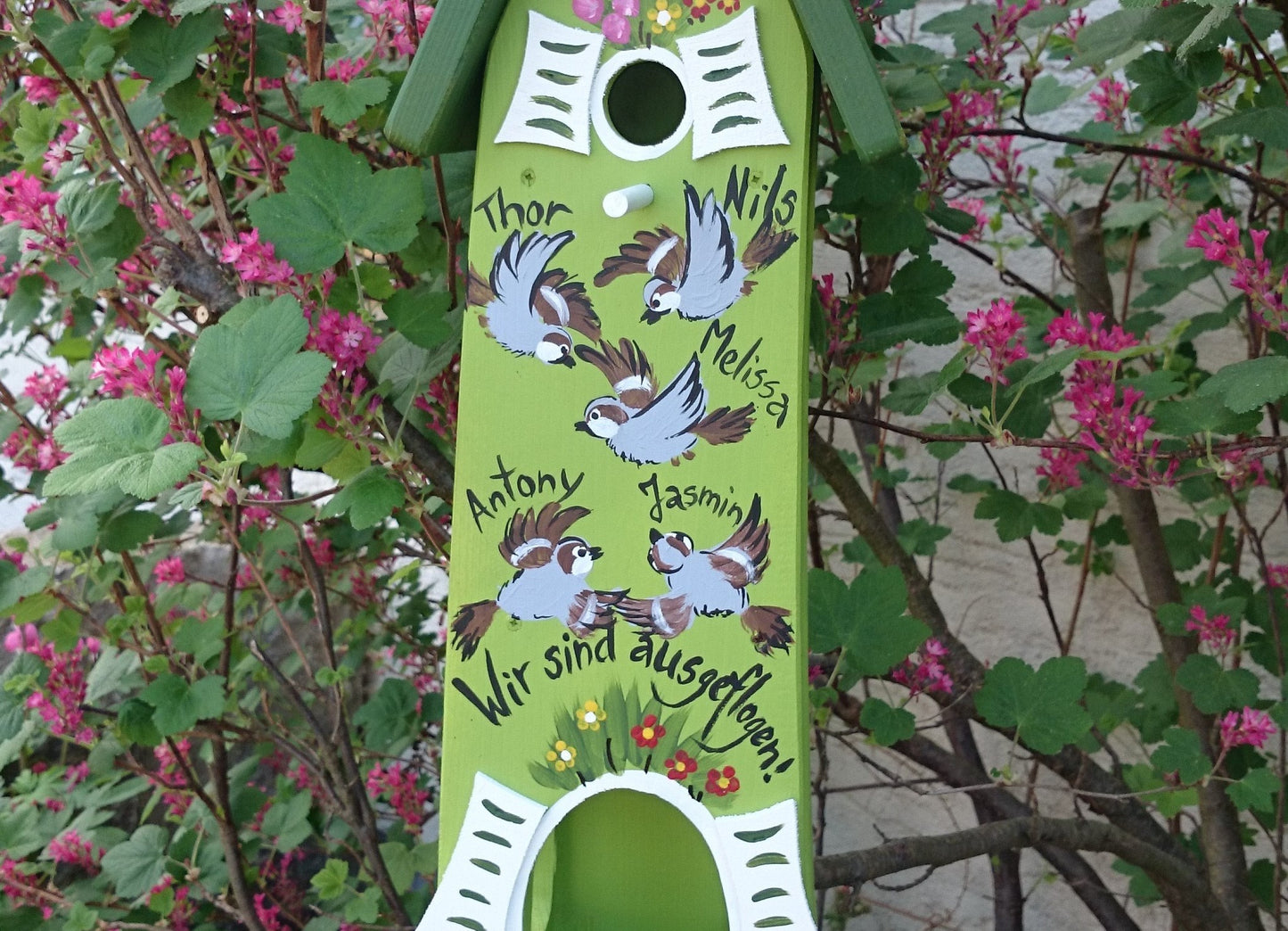 Kombiniertes Vogelhaus - Minivilla 2 Spatzen kiwi - personalisiert