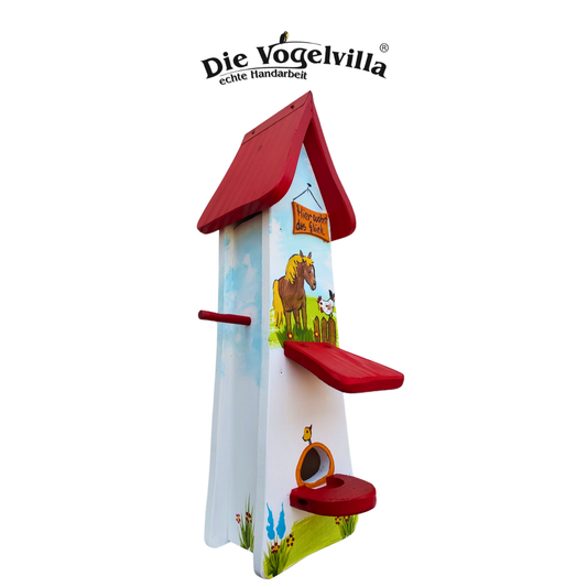 Futterhaus mit Silo - Futtertürmchen "Hier wohnt das Glück"