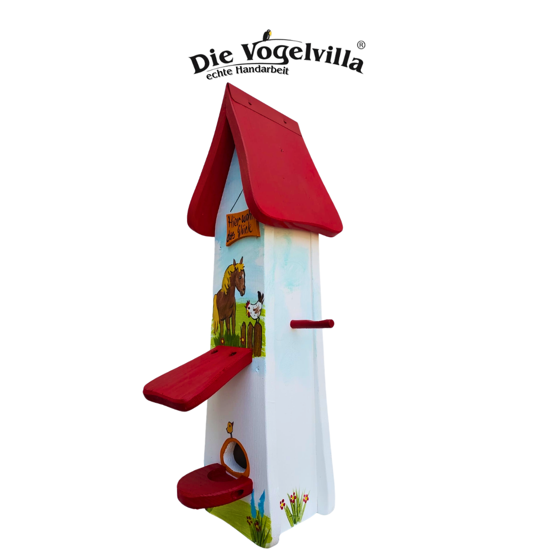 Futterhaus mit Silo - Futtertürmchen "Hier wohnt das Glück"