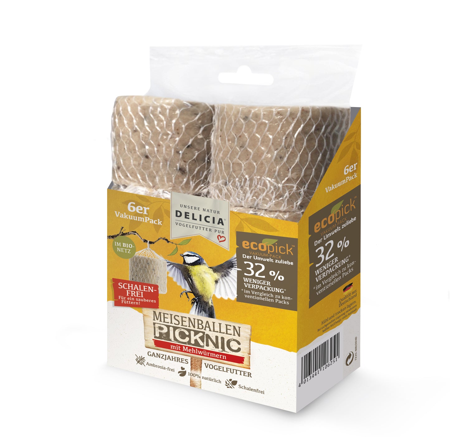 Meisenballen 6er-Pack mit Mehlwürmern im Bio-Netz