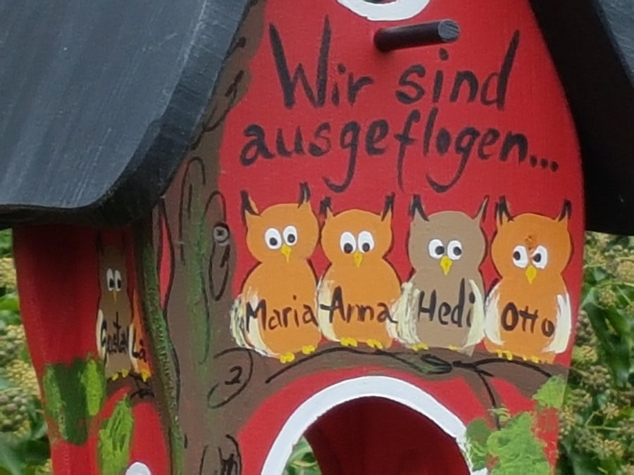 Abschied Kindergarten Geschenk kombiniertes Vogelhaus rot | Namen mit Eulen