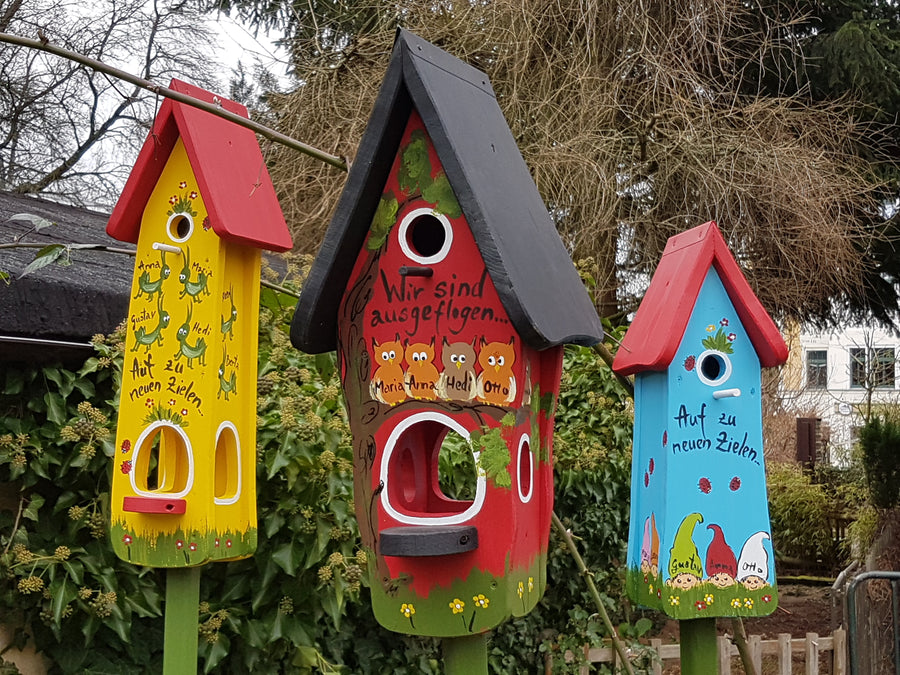 Abschied Kindergarten Geschenk kombiniertes Vogelhaus rot | Namen mit Eulen