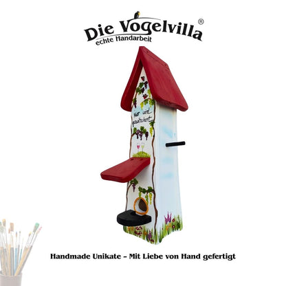 Futterhaus mit Silo - Futtertürmchen "Hier wird gezwitschert"