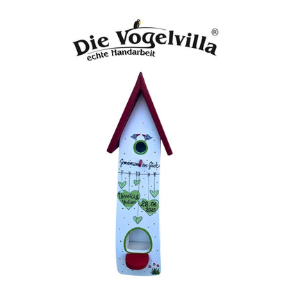 Kombiniertes Vogelhaus - Minivilla 2 "Gemeinsam ins Glück" mit grünen Herzen - personalisiert