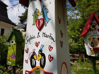 Kombiniertes Vogelhaus - Minivilla 2 Liebesnest 2 Raben 2 Vögel mit Katze weiß - personalisiert