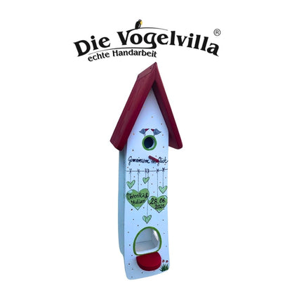 Kombiniertes Vogelhaus - Minivilla 2 "Gemeinsam ins Glück" mit grünen Herzen - personalisiert