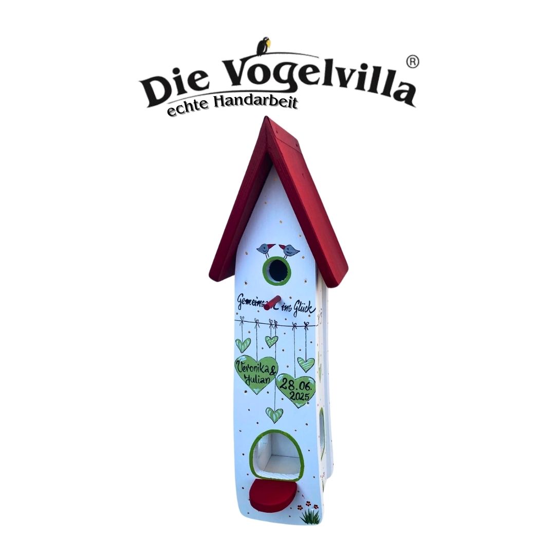 Kombiniertes Vogelhaus - Minivilla 2 "Gemeinsam ins Glück" mit grünen Herzen - personalisiert