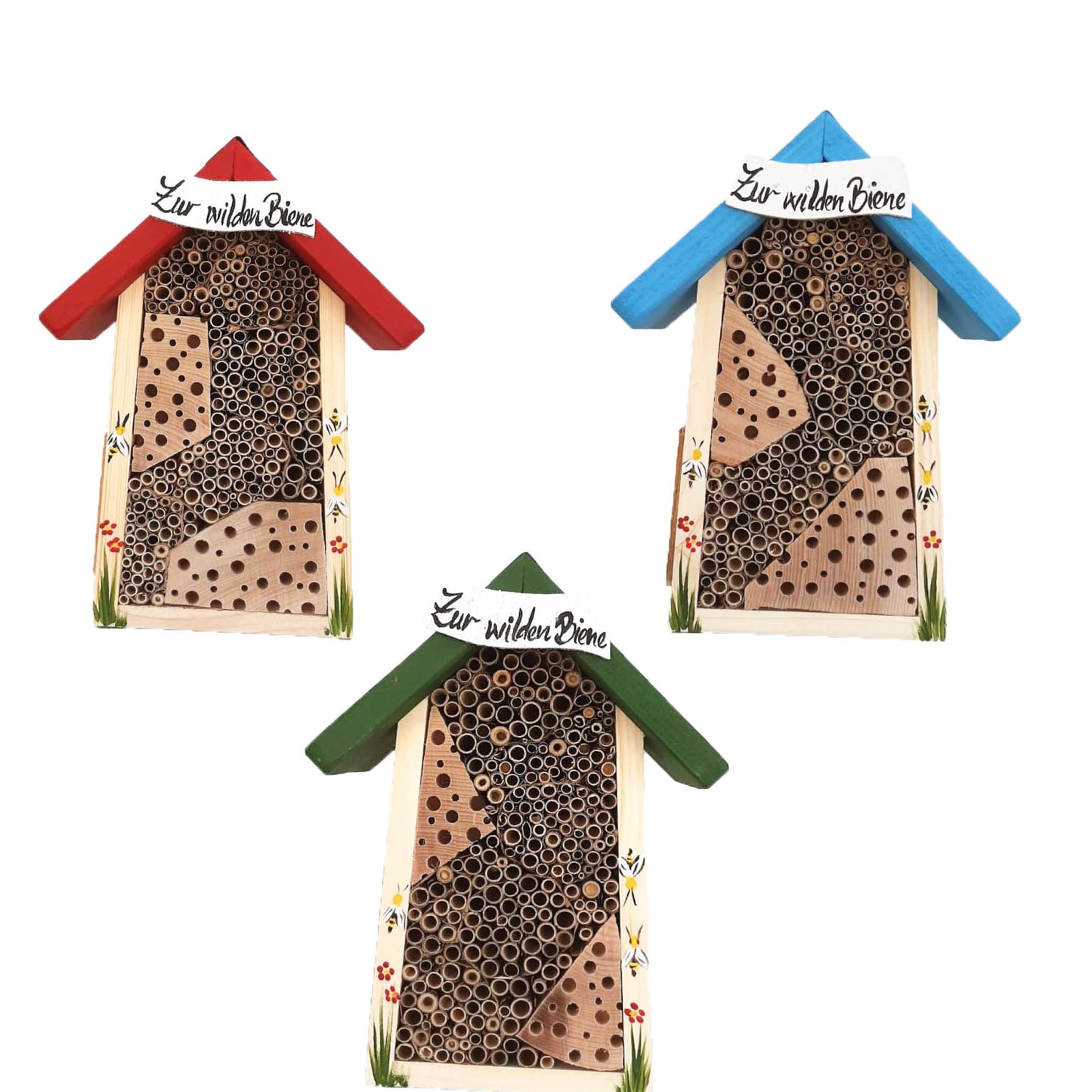 12er SET Bienenhotel klein mit Schild farbiges Dach