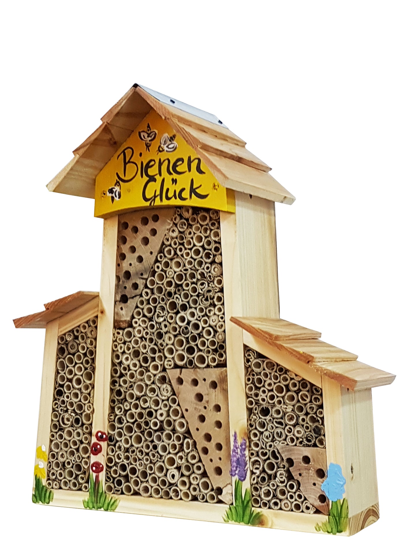 Doppel-SET Bienenhotel groß mit Anbau "Bienen Glück" Lamellendach 6 Stk.