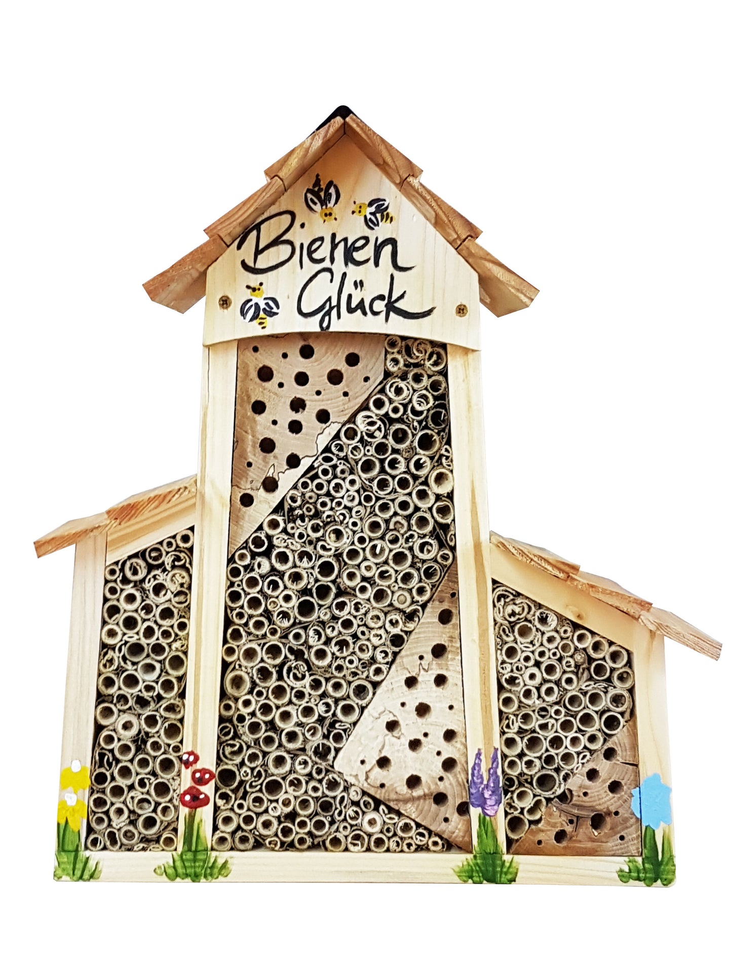 Doppel-SET Bienenhotel groß mit Anbau "Bienen Glück" Lamellendach 6 Stk.