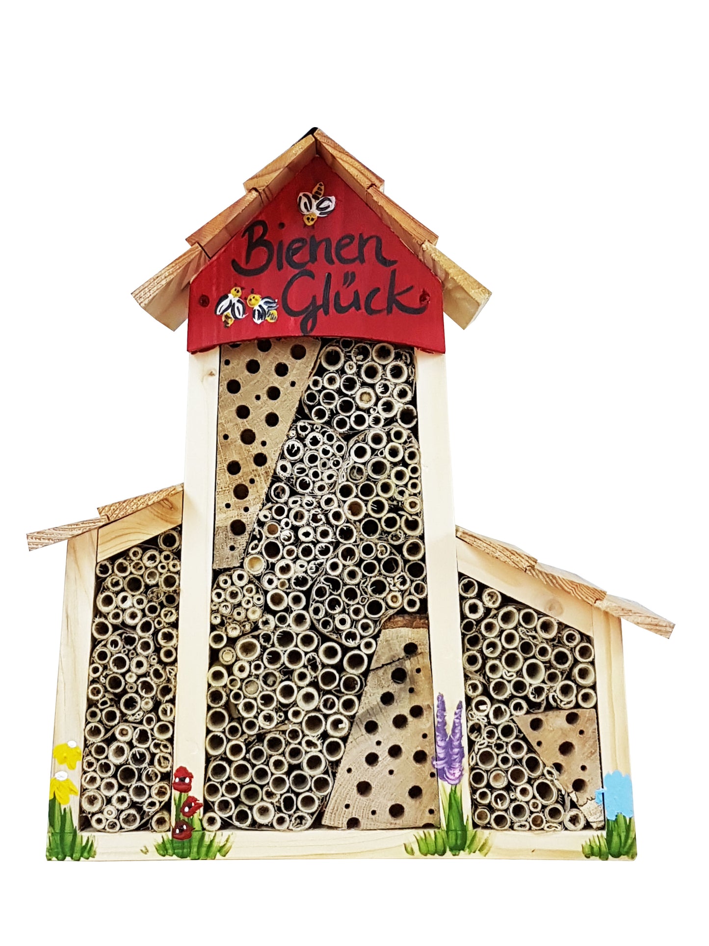 Doppel-SET Bienenhotel groß mit Anbau "Bienen Glück" Lamellendach 6 Stk.