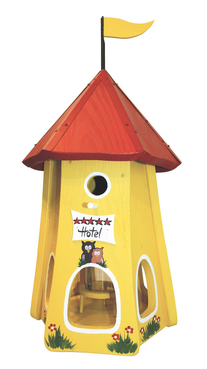 3er Set Kombiniertes Vogelhaus "Turmhotel klein 5 Sterne Eulen" mit Silo: rot, weiß, gelb