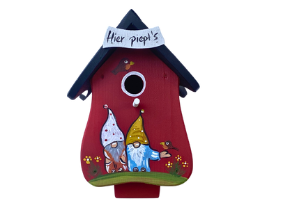 5er Set Kombiniertes Vogelhaus - Forsthaus "Hier piept´s" stehend