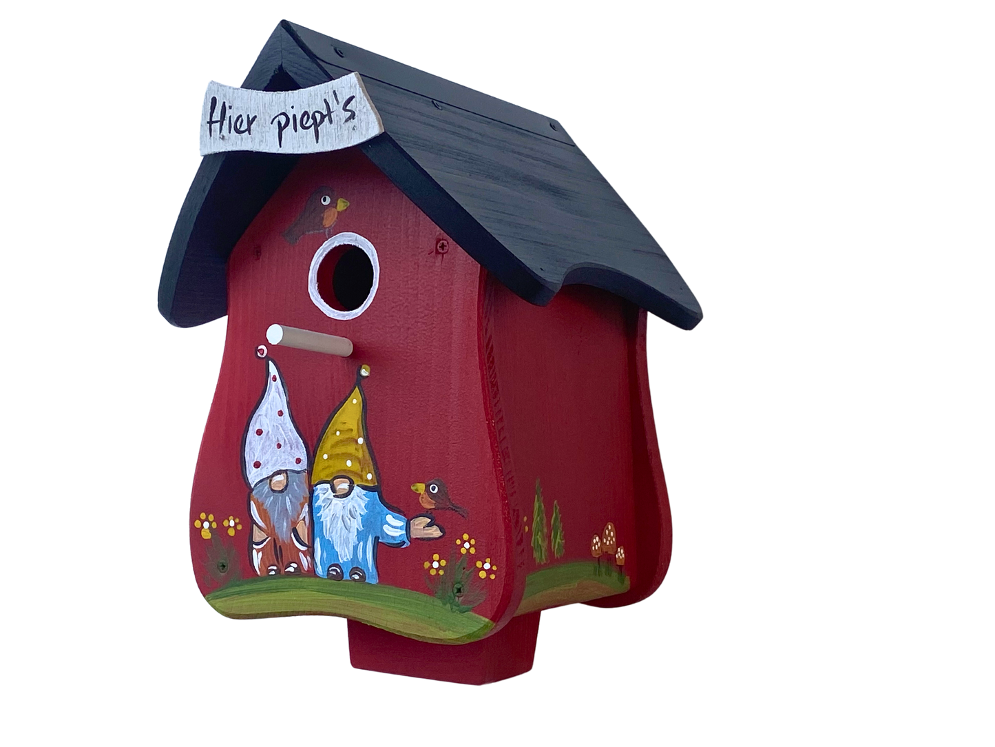 5er Set Kombiniertes Vogelhaus - Forsthaus "Hier piept´s" stehend