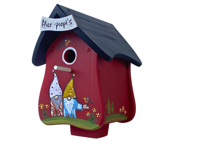 5er Set Kombiniertes Vogelhaus - Forsthaus "Hier piept´s" stehend