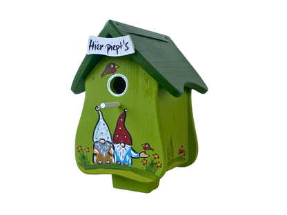 5er Set Kombiniertes Vogelhaus - Forsthaus "Hier piept´s" stehend