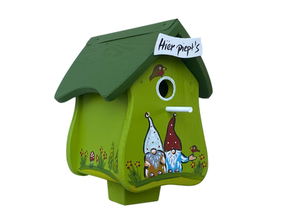 5er Set Kombiniertes Vogelhaus - Forsthaus "Hier piept´s" stehend
