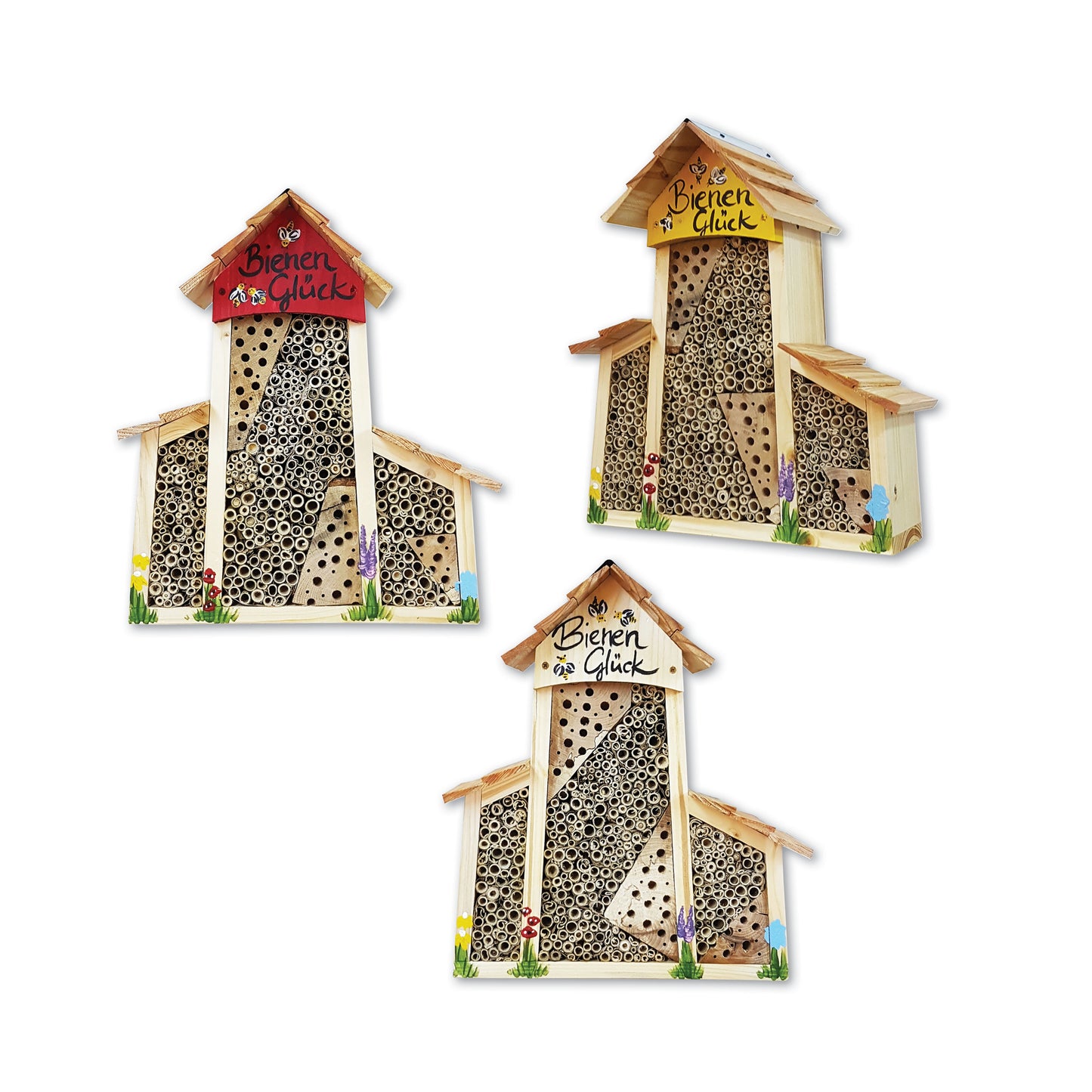 Doppel-SET Bienenhotel groß mit Anbau "Bienen Glück" Lamellendach 6 Stk.