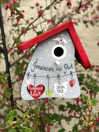Nistkasten - Nistmini Gemeinsam ins Glück! grau - personalisiert