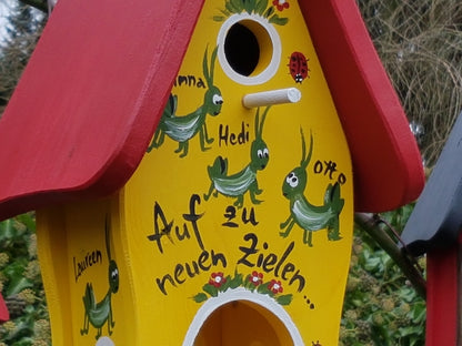 Kombiniertes Vogelhaus - Minivilla 1 Grashüpfer gelb - personalisiert