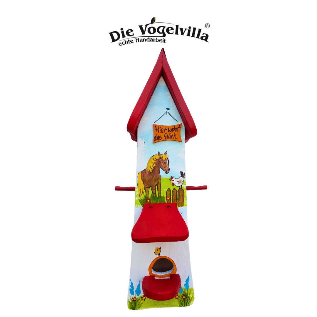 Futterhaus mit Silo - Futtertürmchen "Hier wohnt das Glück"