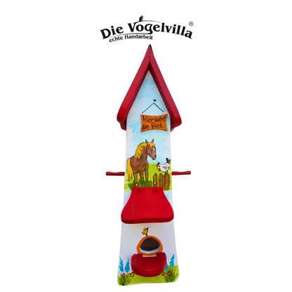Futterhaus mit Silo - Futtertürmchen "Hier wohnt das Glück"