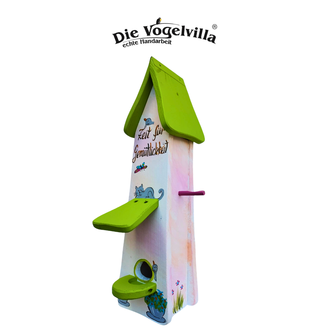 Futterhaus mit Silo - Futtertürmchen "Zeit für Gemütlichkeit"