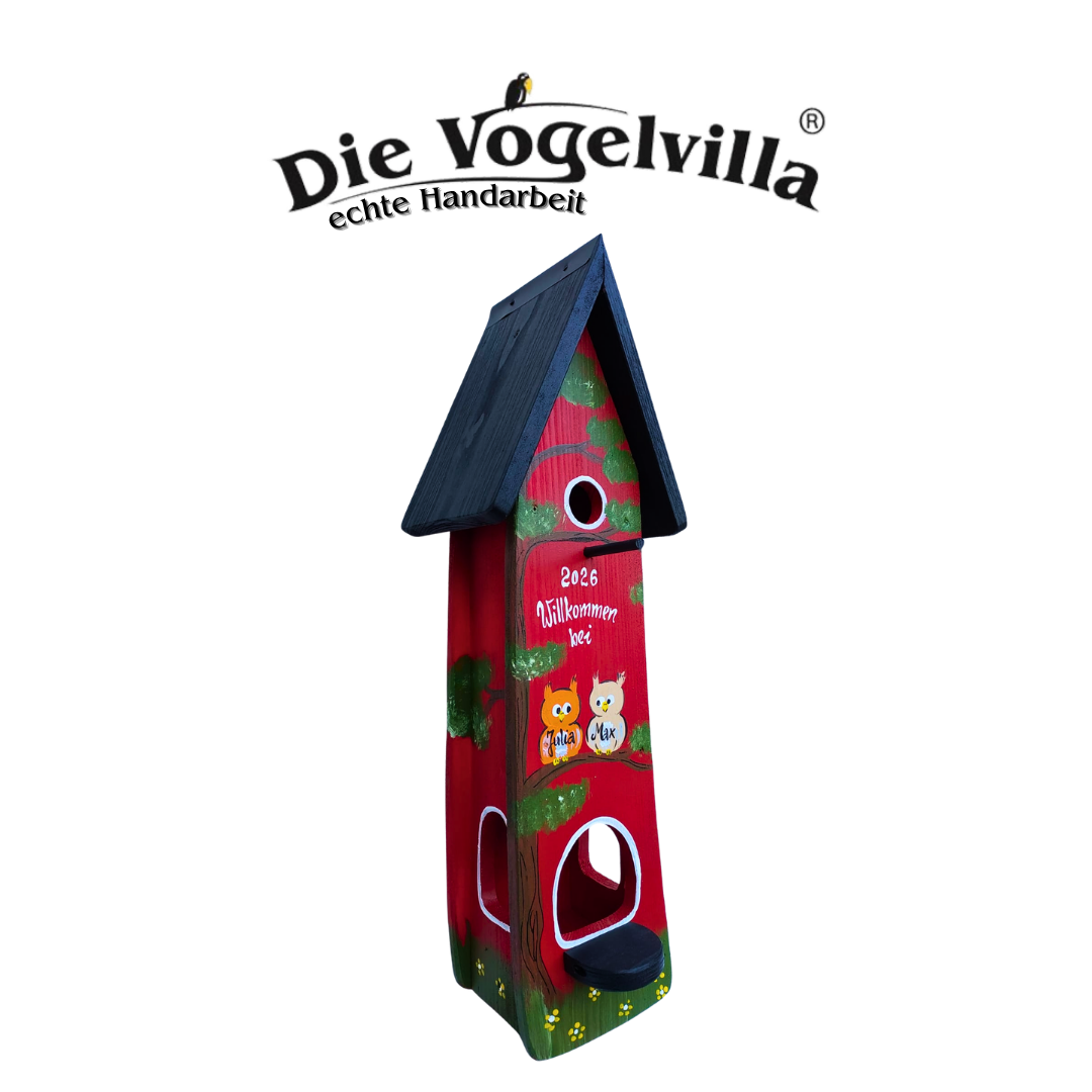 Kombiniertes Vogelhaus - Minivilla 2 mit Eulen- personalisiert