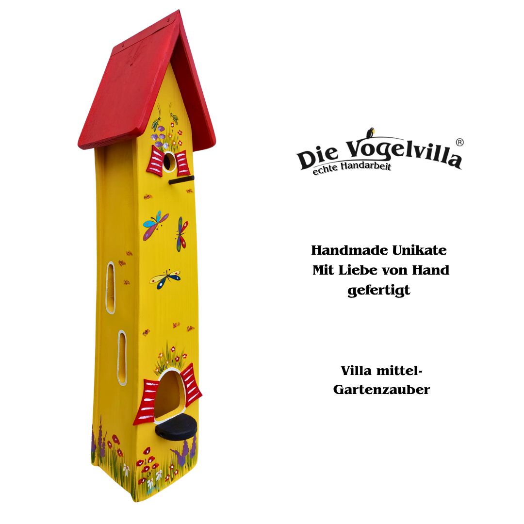 Villa mittel Gartenzauber – Vogelhaus in gelb oder hellblau | Vogelvilla | Handgefertigt | 84 cm hoch