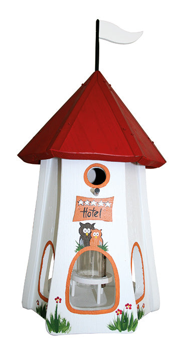 3er Set Kombiniertes Vogelhaus "Turmhotel klein 5 Sterne Eulen" mit Silo: rot, weiß, gelb