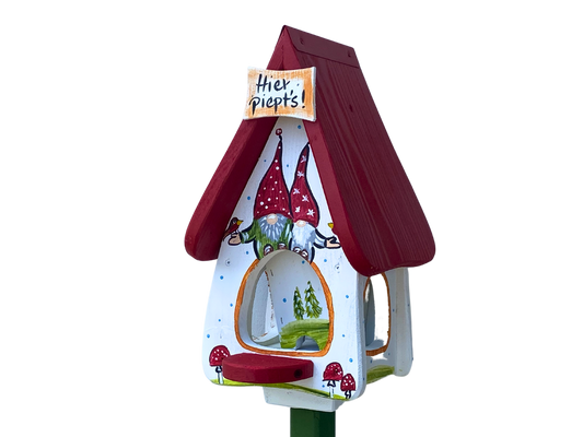 Futterhaus mit Silo - Futtervilla mini - Zwergenparty "Hier piept´s" in weiß