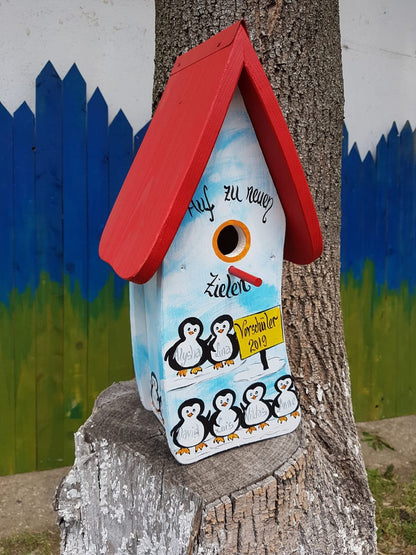 Nistkasten Pinguine blau/weiß - personalisiert