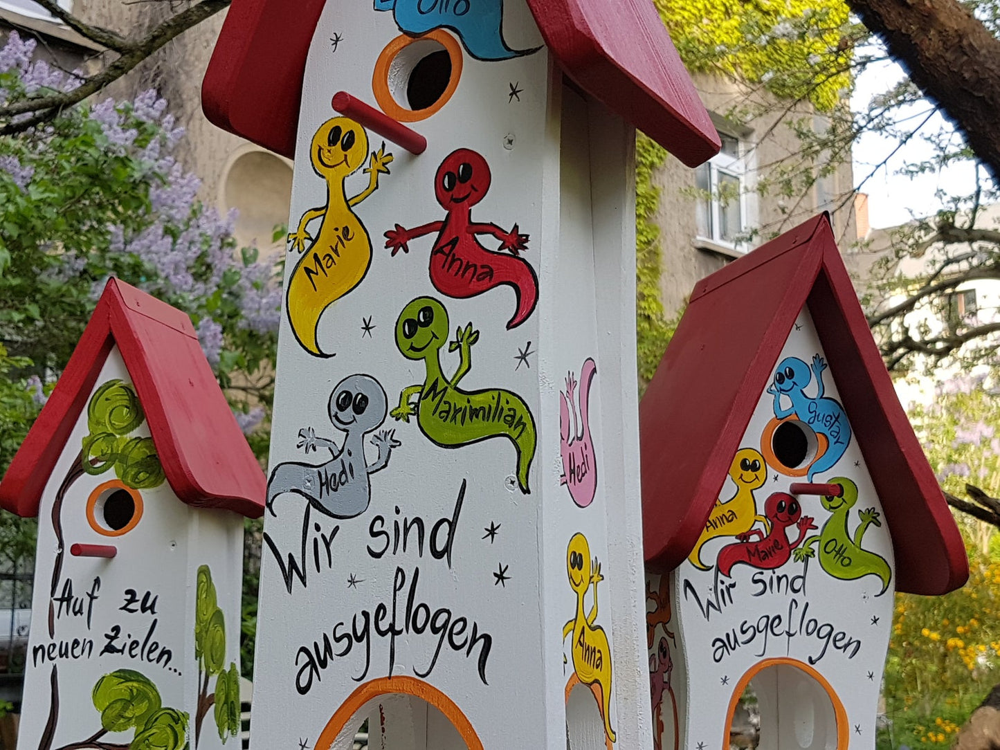 Kombiniertes Vogelhaus - Minivilla 2 Gespenster weiß - personalisiert