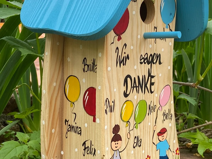 Nistkasten "Wir sagen Danke" Natur/Hellblau- personalisiert