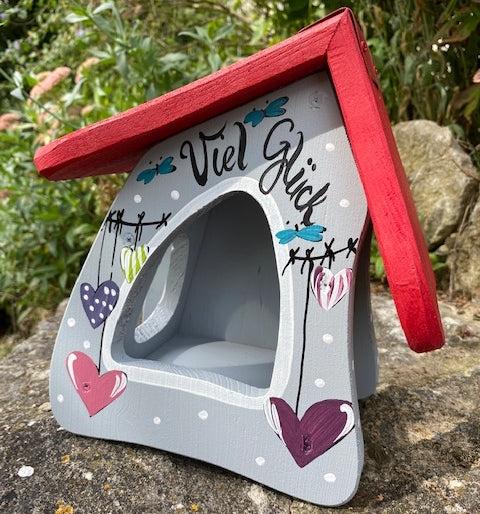 Vogelfutterhaus Futtermini zum Aufhängen Viel Glück grau