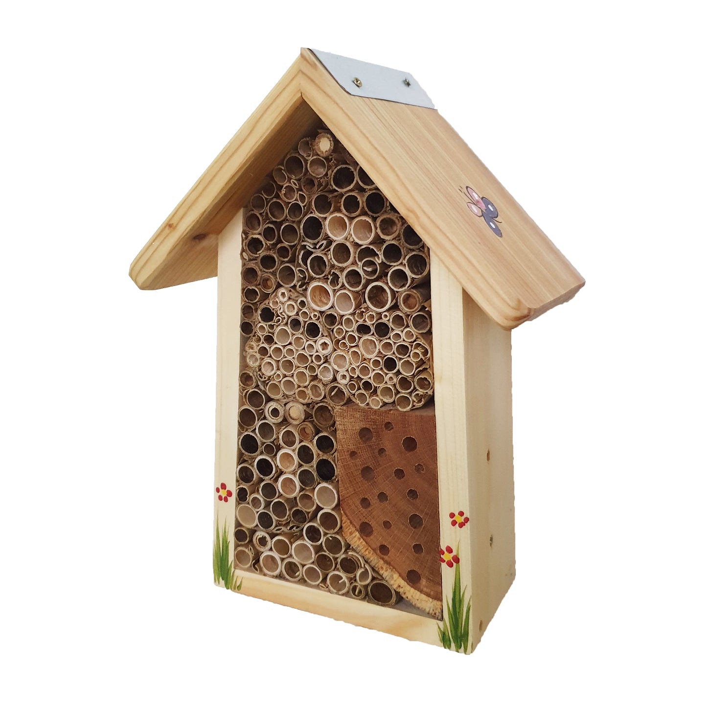Bee hotel small without sign with butterflies colored roof 