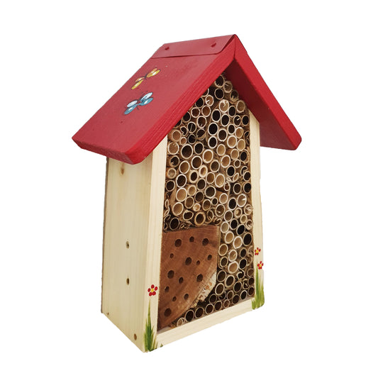 Bee hotel small without sign with butterflies colored roof 