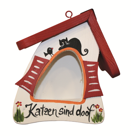 Vogelfutterhaus Futtermini Katzen sind doof weiß hängend