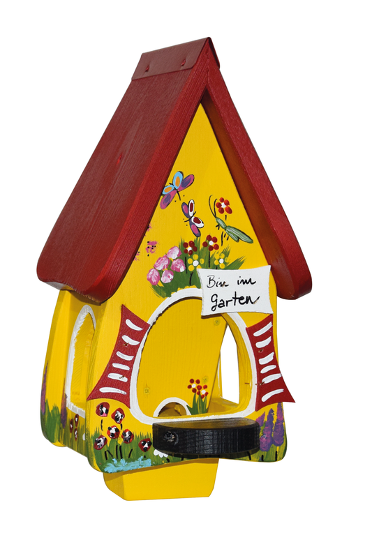 Vogelfutterhaus Futtervilla mit Silo bin im garten gelb 