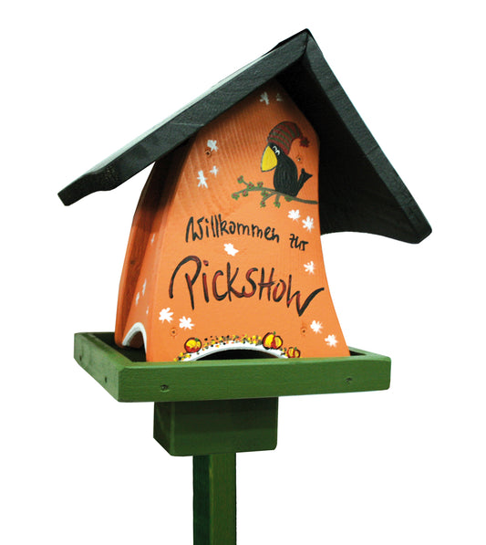 Vogelfutterhaus Futterpilz mit Silo Willkommen zur Pickshow orange